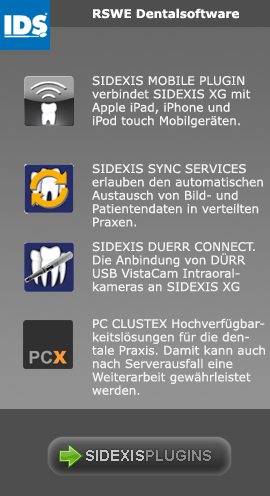 Neue Zusatzprodukte rund um SIDEXIS gibt es unter SIDEXISPLUGINS.COM. Hier finden Sie eine Auswahl an verfügbaren SIDEXIS Plugins und weiterer Lösungen rund um SIRONA SIDEXIS.